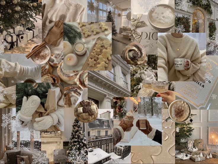 a collage of photos with people and christmas decorations in the middle one is holding a coffee cup