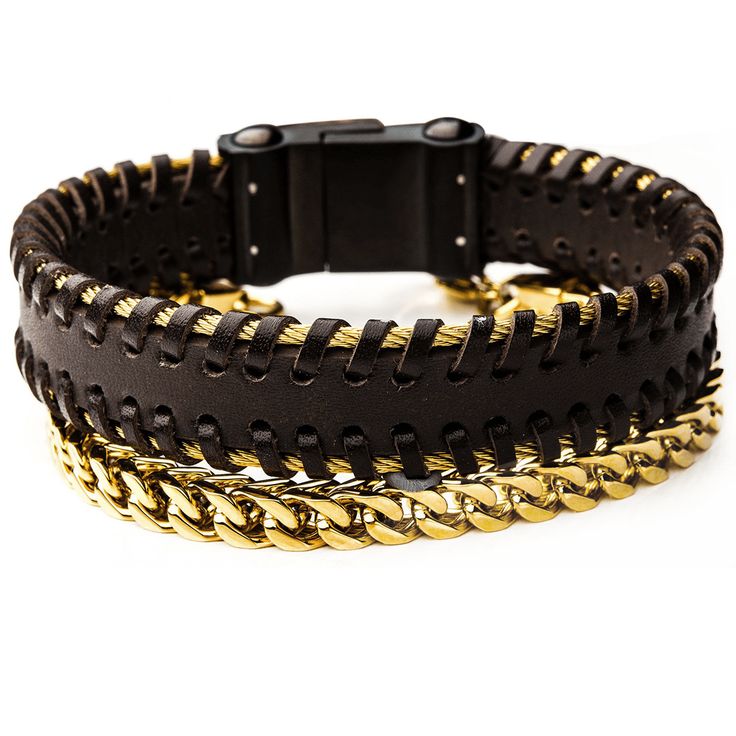 You've struck it rich with the GOLDMINE Stack of Mens Bracelets. A squared curb link bracelet of gold PVD steel is paired with a brown leather cuff, inlaid with gold steel twisted cables and finished with a heavy duty black steel magnetic clasp. Rugged leather and shining gold steel come together to form a mens bracelet stack that is all luxury. Kick back and enjoy a wealth of style with the Goldmine Leather and Gold Steel Bracelet Stack for Men. The Goldmine is part of the STAX Collection of br Mens Charm Bracelet, Leather Cuff Men, Leather Wrist Cuff, Mens Bracelet Black, Mens Beaded Necklaces, Mens Bracelets, Rugged Leather, Men's Bracelets, Mens Leather Bracelet