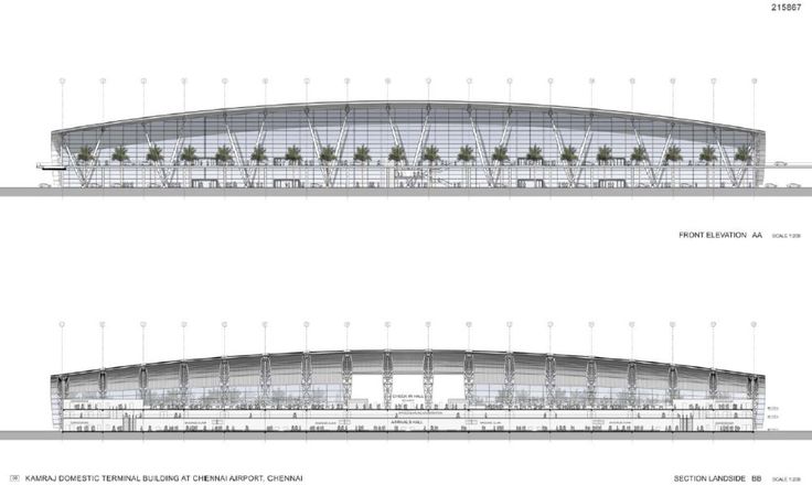 two drawings of the roof and side sections of a building, one showing an open area with