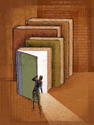 a drawing of a person standing in front of an open door with books behind them