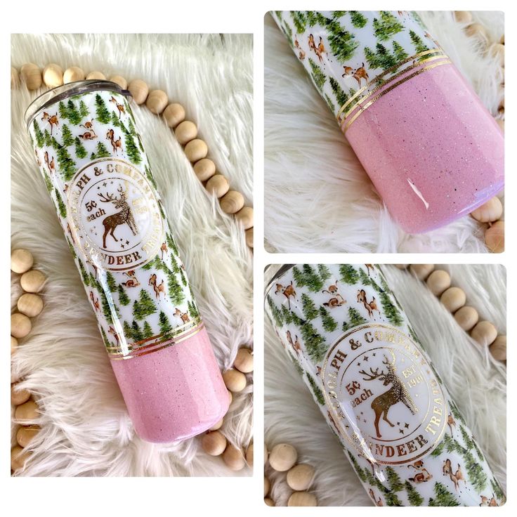 three pictures of a pink and green tube with pine trees on it, surrounded by wooden beads