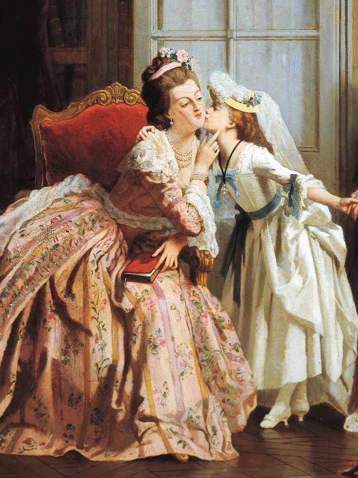 a painting of two women in wedding gowns kissing on a red chair with a white curtain behind them