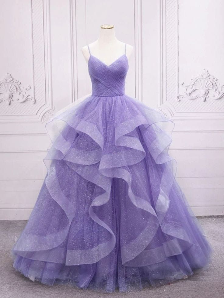 Lavender Sleeveless Party Gown, Sleeveless Lavender Gown For Party, Purple Sleeveless Dress With Tulle Skirt, Purple Sleeveless Tulle Evening Dress, Sleeveless Lavender Evening Dress For Prom, Purple Sleeveless Ruffled Gown, Sleeveless Tulle Ball Gown For Debutante Ball, Sleeveless Evening Dress For Quinceanera, Sleeveless Organza Ball Gown For Debutante Ball