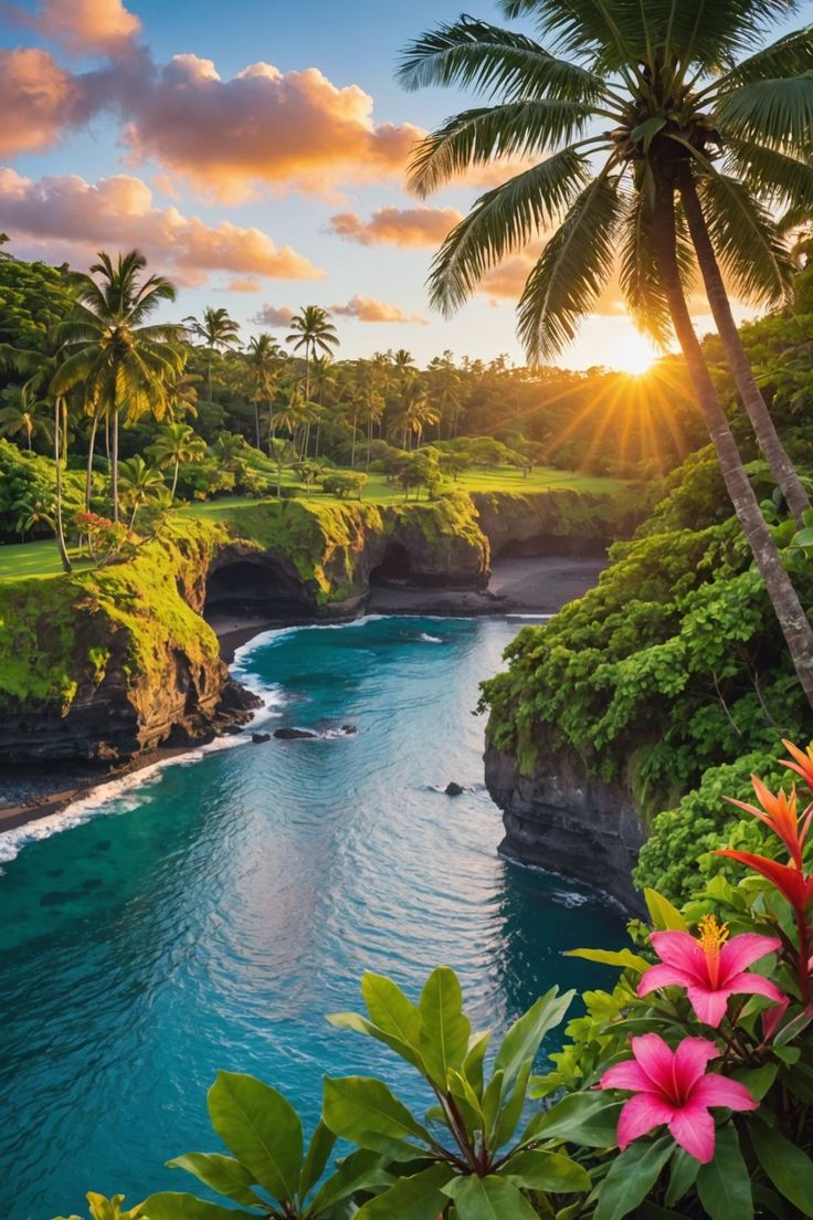 the sun is setting over an ocean with palm trees and flowers in the foreground