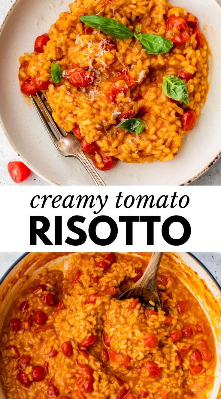 creamy tomato risotto in a white bowl with a serving spoon on the side