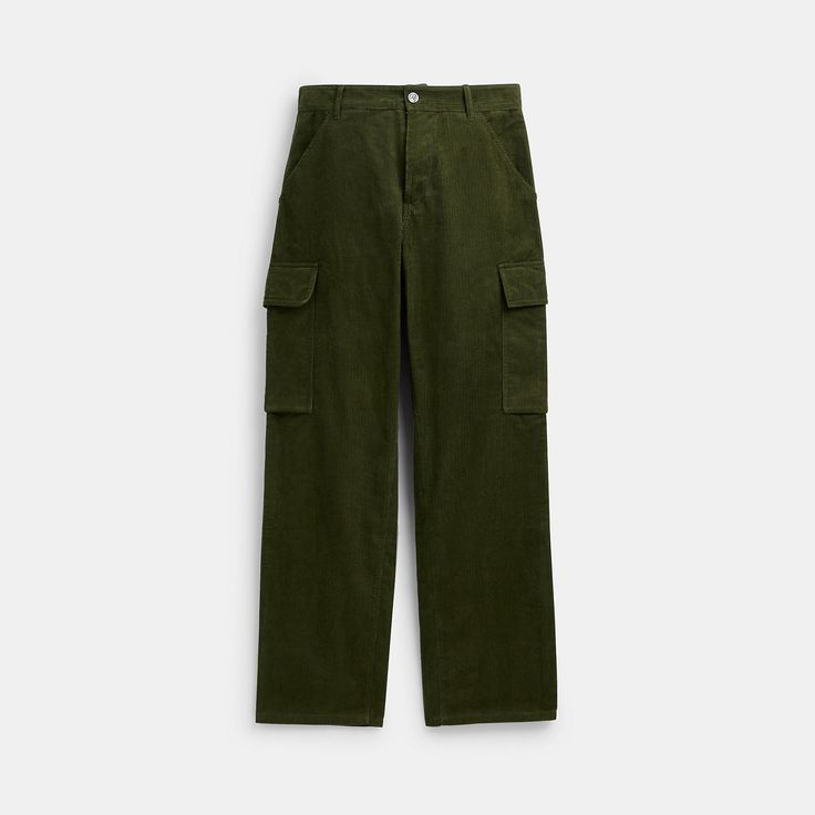 An elevated take on a military-inspired style these cargo pants are crafted of soft corduroy. Featuring a straight-leg silhouette and oversized utility pockets the sporty style is finished with a leather back patch and a Coach woven flag for a heritage touch. | Coach Corduroy Cargo Pants Size 34 - Olive Green Fall Corduroy Cargo Pants For Streetwear, Fall Corduroy Pants With Side Pockets, Corduroy Pants With Side Pockets For Fall, Utility Corduroy Pants With Pockets, Utility Corduroy Cargo Pants For Fall, Corduroy Utility Cargo Pants For Fall, Winter Cargo Pants With Patch Pockets, Straight Leg, Green Utility Cargo Pants For Winter, Streetwear Corduroy Cargo Pants