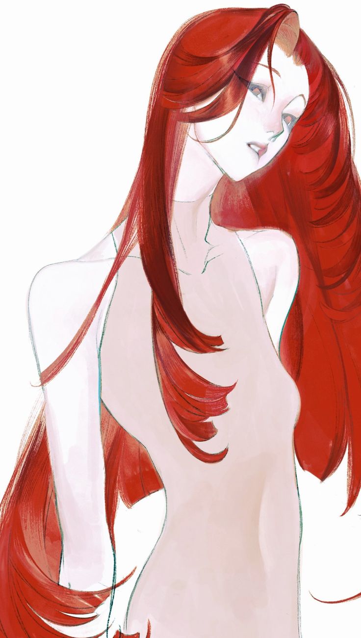 a drawing of a woman with long red hair and no shirt, looking to the side