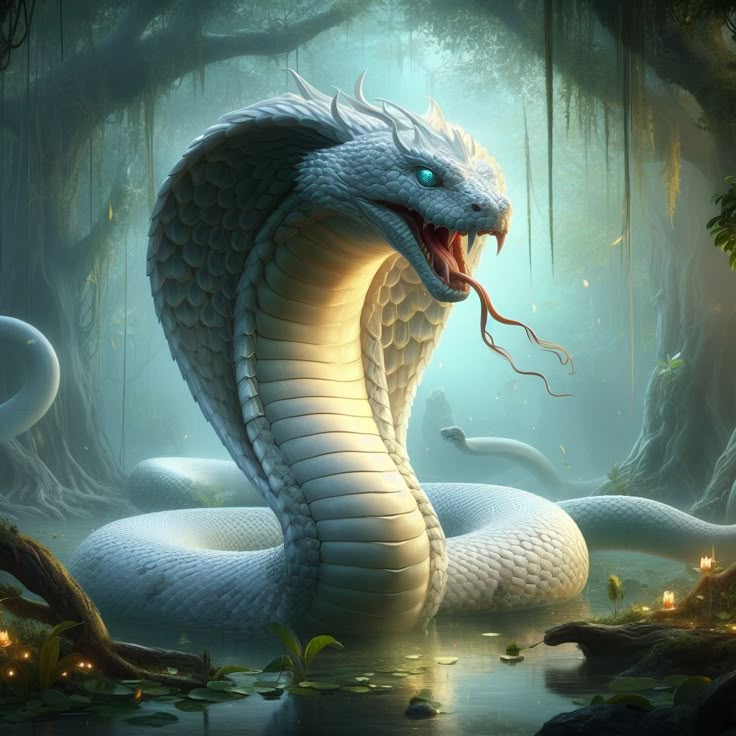 a white snake with its mouth open in the middle of a swamp filled with water