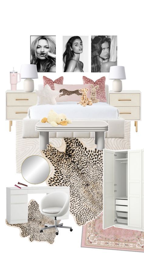 the bedroom is decorated in white and pink with leopard prints on the bed, dressers,