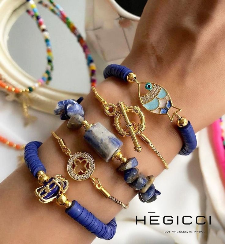 Bohemian Chic Jewelry, Layered Bangles, Boho Chic Bracelets, Lapis Stone, Chic Bracelet, Blue Lapis, Layered Bracelets, Evil Eye Bracelet, Gold Plated Chains