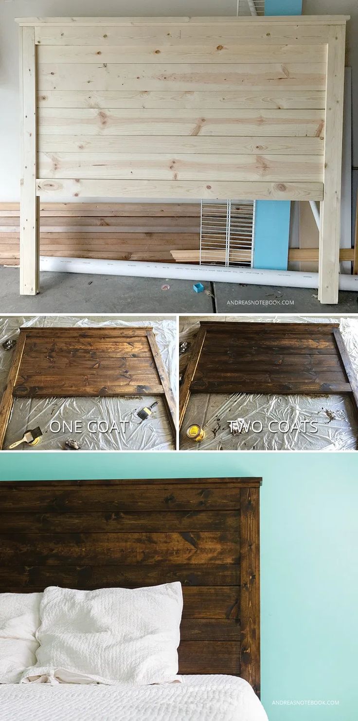 the bed frame is made out of pallet wood and has been painted white with blue accents