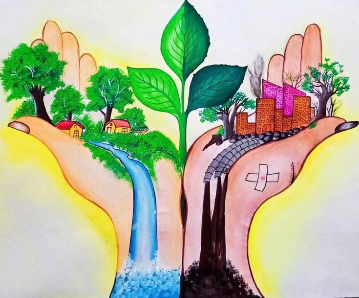 a drawing of two hands with trees and houses on them, one holding a water source