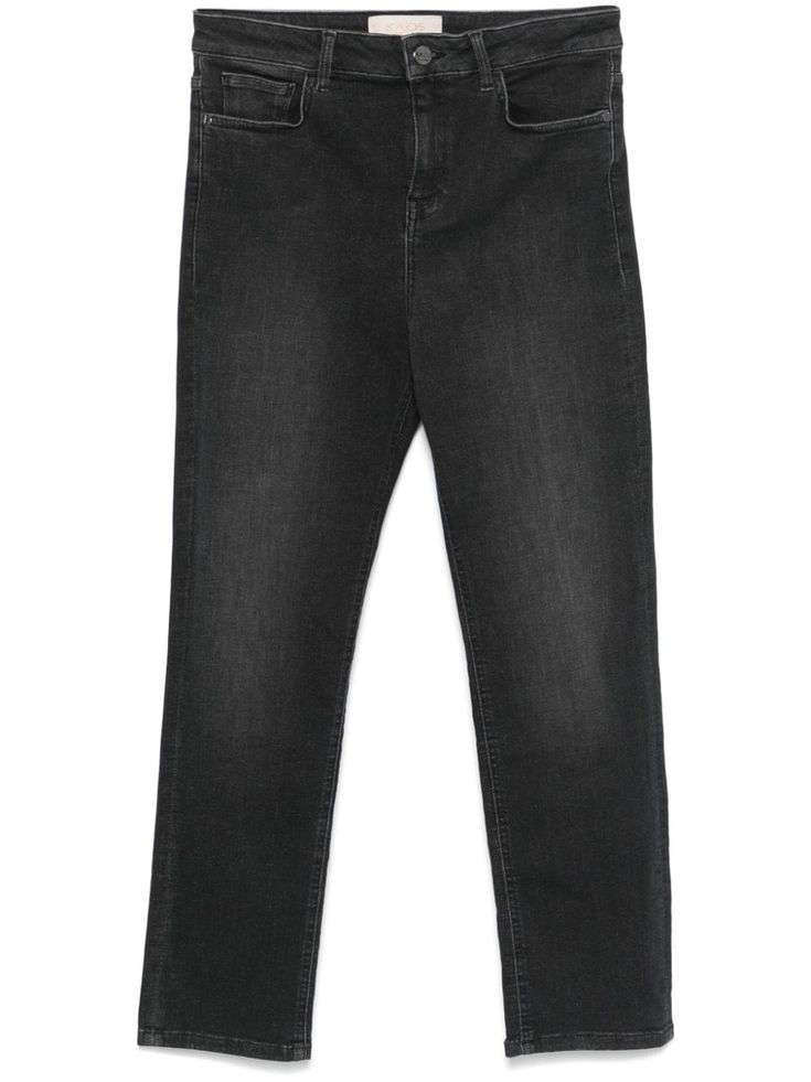 black cotton blend washed denim front button and zip fastening mid-rise classic five pockets slim cut tapered leg Tapered Jeans, Washed Denim, Exclusive Fashion, Ski Wear, Jeans Black, Top Shoes, Slim Fit Jeans, Denim Wash, Jacket Tops