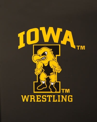 the iowa wrestling logo is shown on a black background with yellow and white letters that read iowa