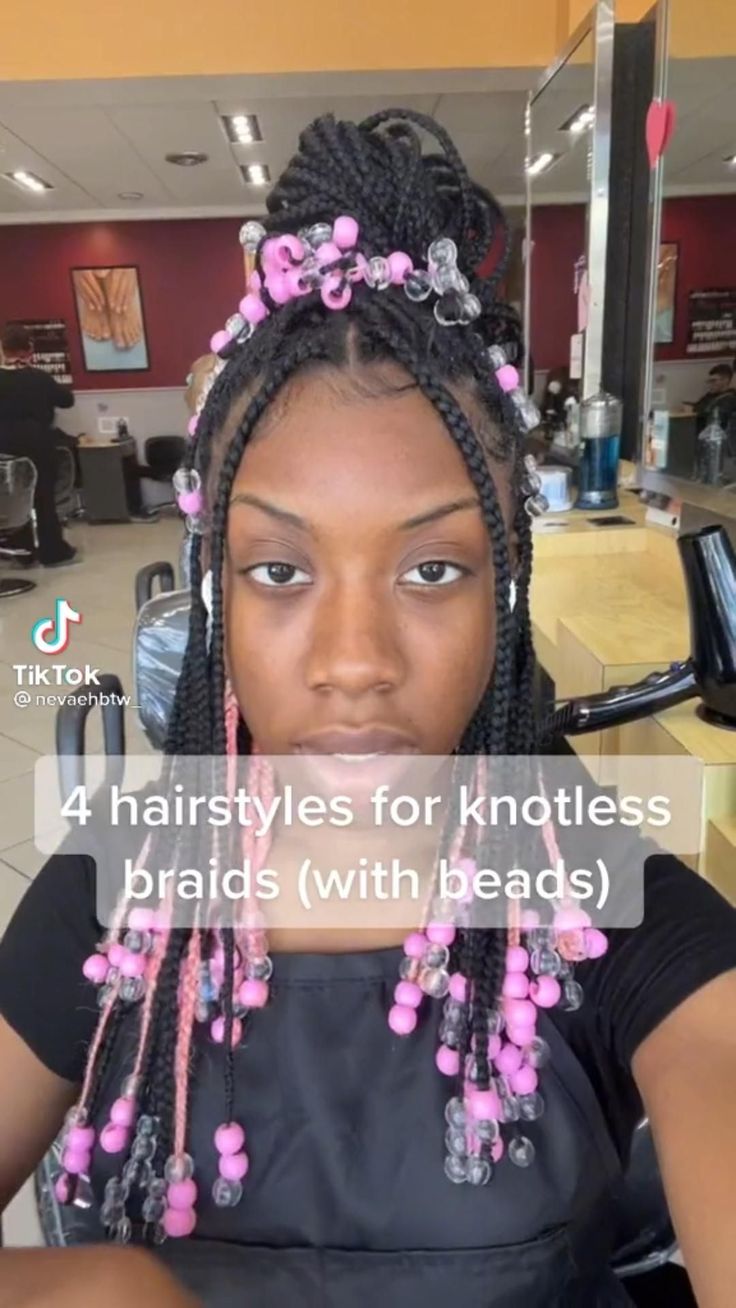 Hairstyles For Short Hair With Beads, How Style Braids With Beads, How To Put Beads On Box Braids, Hairstyles For Short Knotless With Beads, Hairstyles To Do With Box Braids With Beads, How To Style Short Box Braids With Beads, Box Braids Styles With Beads, Cute Knotless Braid Hairstyles With Beads, Style For Braids With Beads