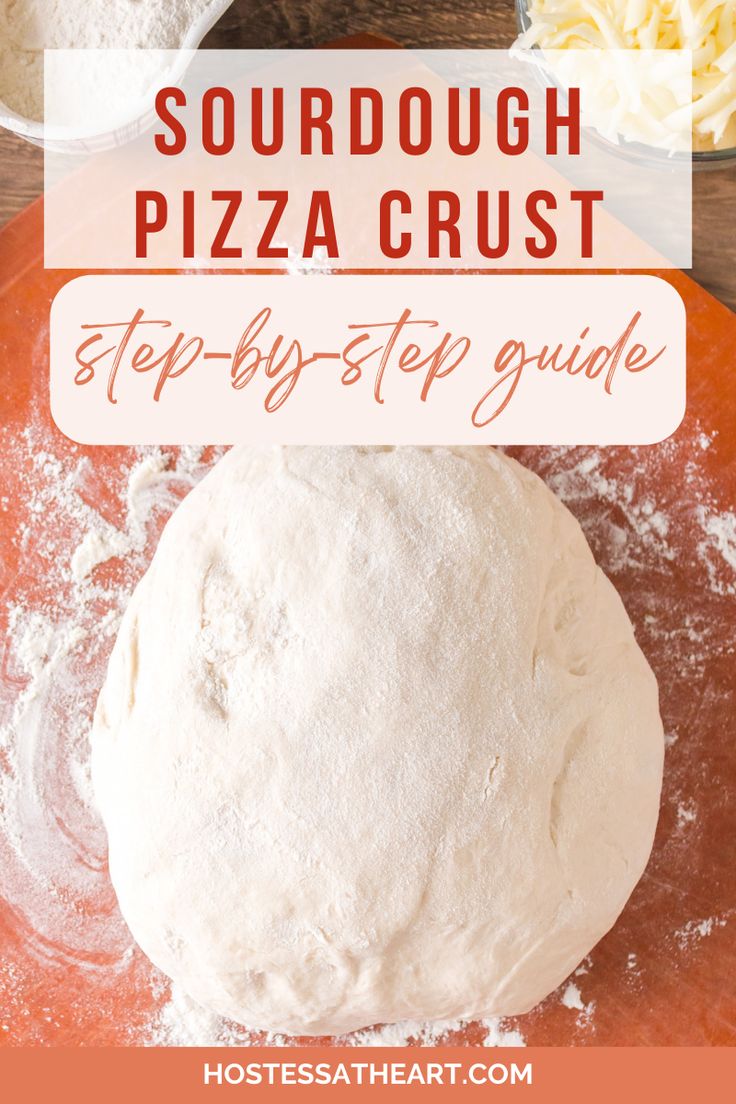 a round pizza crust sitting on top of an orange plate with flour in the background