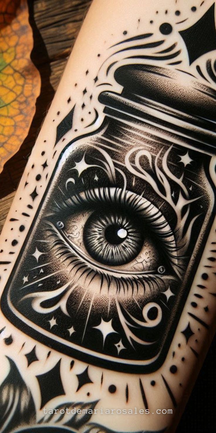 an eye in a jar tattoo design on the arm and leg, with stars around it