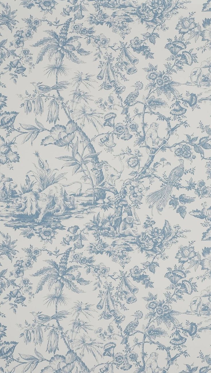 a blue and white wallpaper with many different types of animals on it's surface