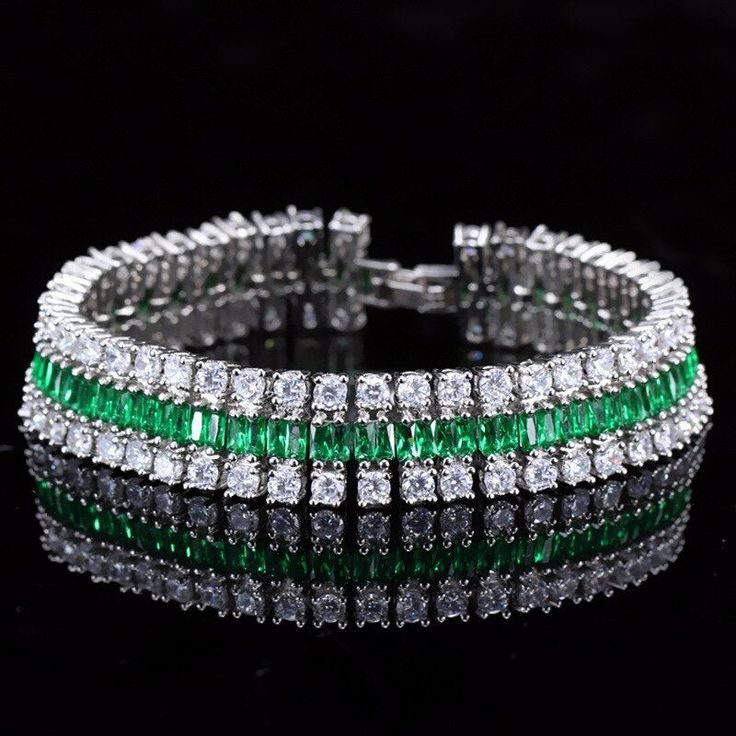 Silver Bracelet "Triplet"-Jewelry-Pisani Maura-Green-18 CM-Pisani Maura Wedding Bride Jewelry, Emerald Bracelet, Gemstone Bangle, Trendy Bracelets, Wide Bracelet, Wedding Bridal Jewellery, Bridal Bracelet, Watch Chain, Emerald Gemstone