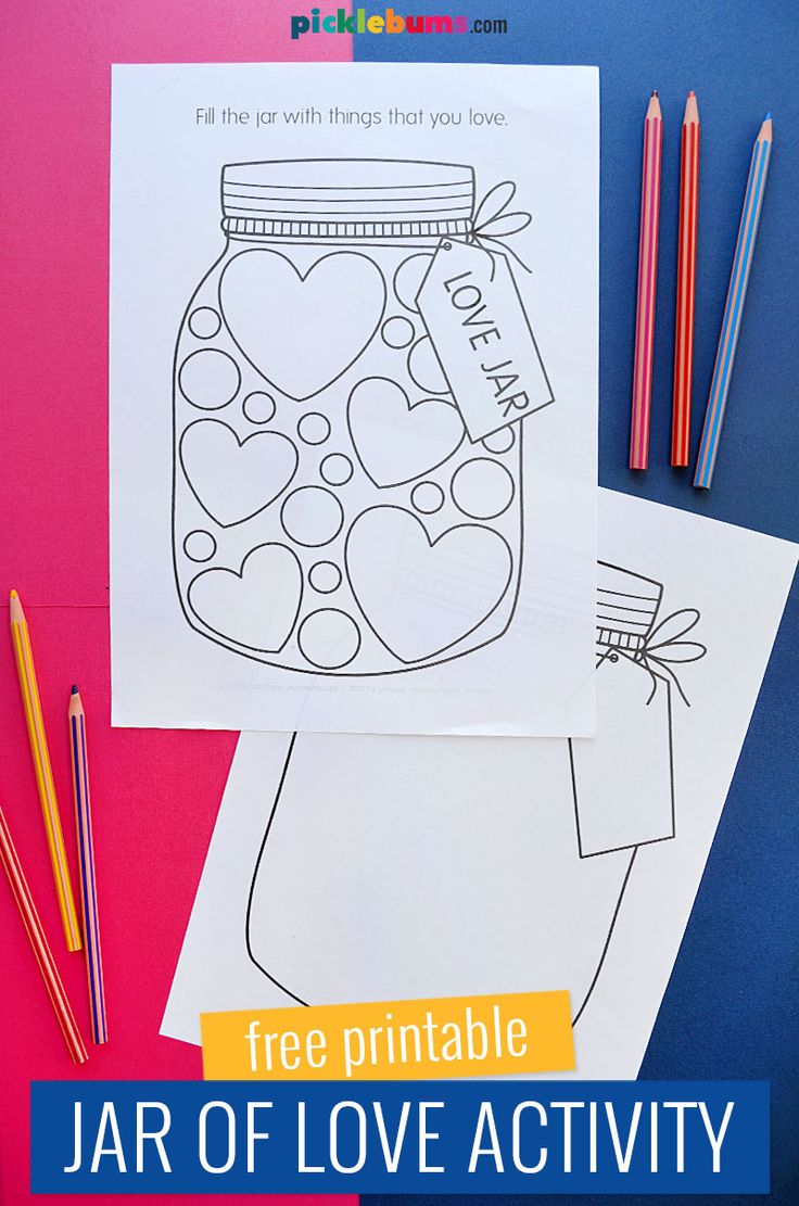 jar of love activity for kids with free printables and pencils on the table