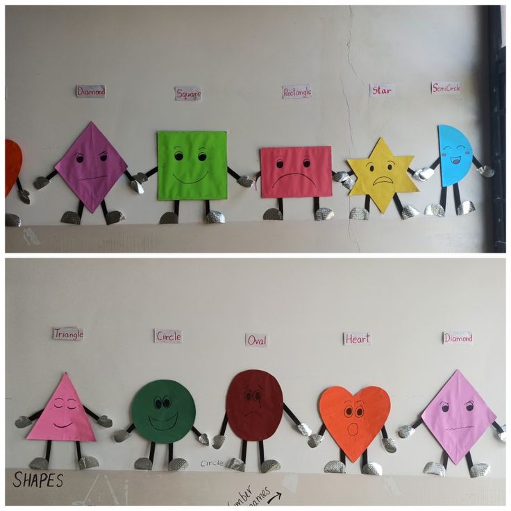 two pictures of different colored paper faces on a wall