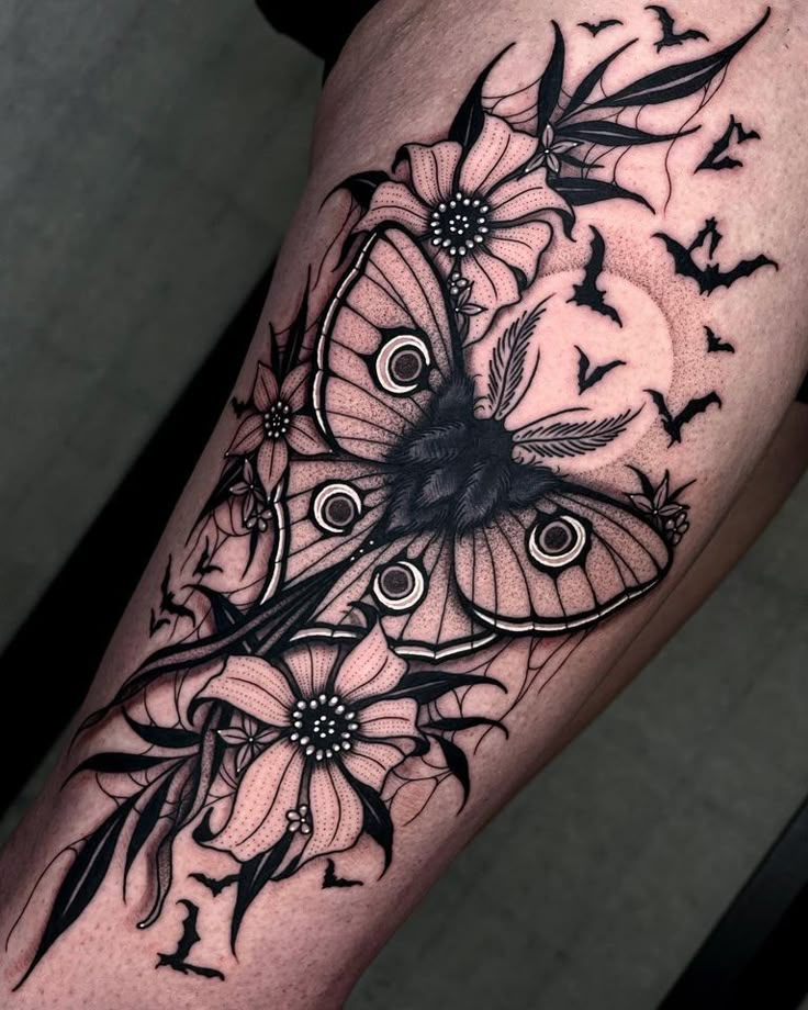 Lunar Moth With Flowers Tattoo, Feminine Inner Forearm Tattoo, Floral Moth Tattoo Sleeve, Moth Coverup Tattoo, Witchy Shoulder Tattoos For Women, Witchy Moth Tattoo, Floral Skull Tattoos For Women, Nature Sleeves, Upside Down Bat Tattoo