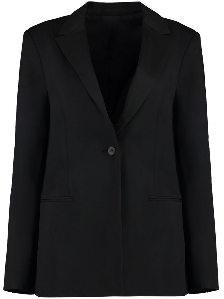 black crepe texture front button fastening notched lapels shoulder pads long sleeves with split cuffs two front jetted pockets American rear vent full lining straight hem Formal Structured Blazer With Concealed Front Fastening, Structured Blazer With Concealed Front Fastening For Formal Occasions, Business Suits With Structured Shoulders And Long Sleeve, Business Blazer With Structured Shoulders, Structured Office Blazer With Concealed Front Fastening, Office Blazer With Structured Shoulders And Long Sleeves, Structured Blazer With Concealed Front Fastening For Work, Structured Blazer With Concealed Front Fastening For Office, Black Blazer With Structured Shoulders For Office