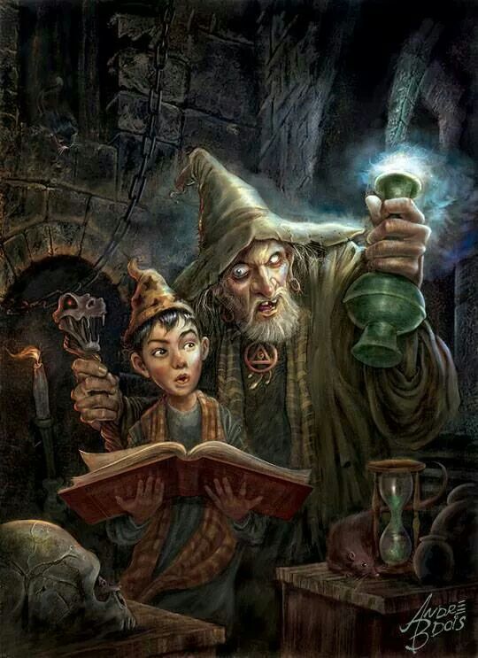 a painting of an old wizard reading a book to a young boy who is holding a magic wand