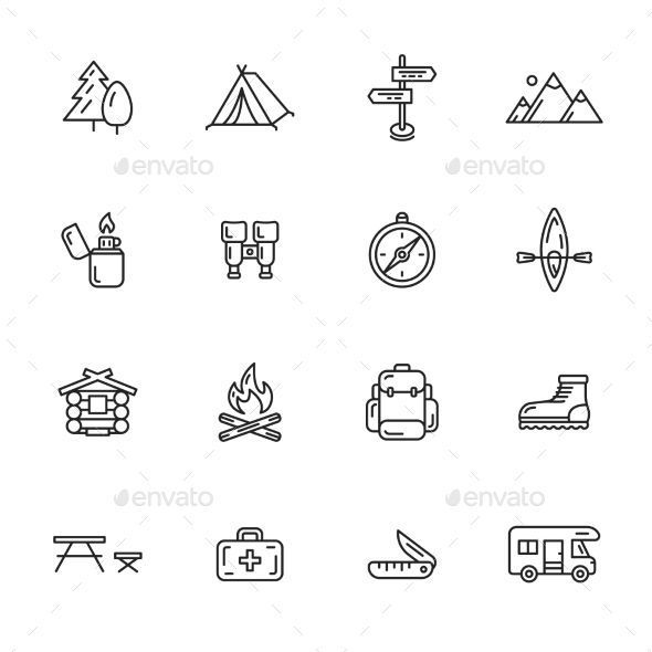 the camping icons are shown in black and white - miscellaneous objects / items line art