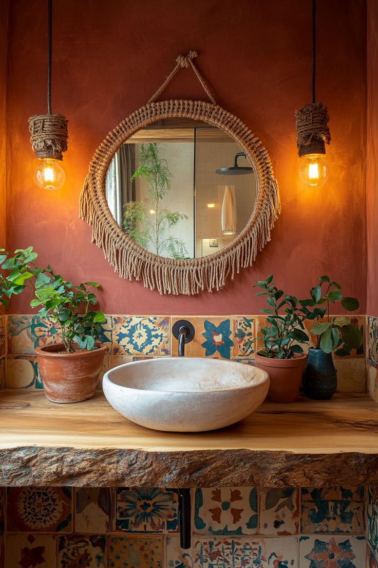 a bathroom sink sitting under a round mirror next to potted plants on top of a counter