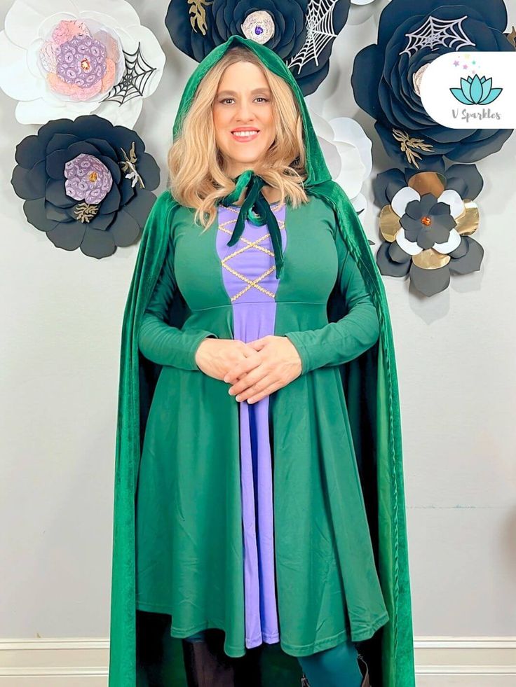 Winifred Sanderson Disneybounding Outfit for Adults: A magical Winifred Sanderson-inspired green and purple dress, perfect for Disneybounding, Halloween costumes, or a themed birthday party. This stylish witchy outfit is great for a self treat or a special gift for fans of Hocus Pocus. Winifred Sanderson Inspired Outfit, Hocus Pocus Winifred Costume, Grinch Dress Womens, Purple Witch Dress, Winifred Sanderson Dress Pattern, Winnie Sanderson, Winnie The Witch, Winifred Sanderson, The Sanderson Sisters