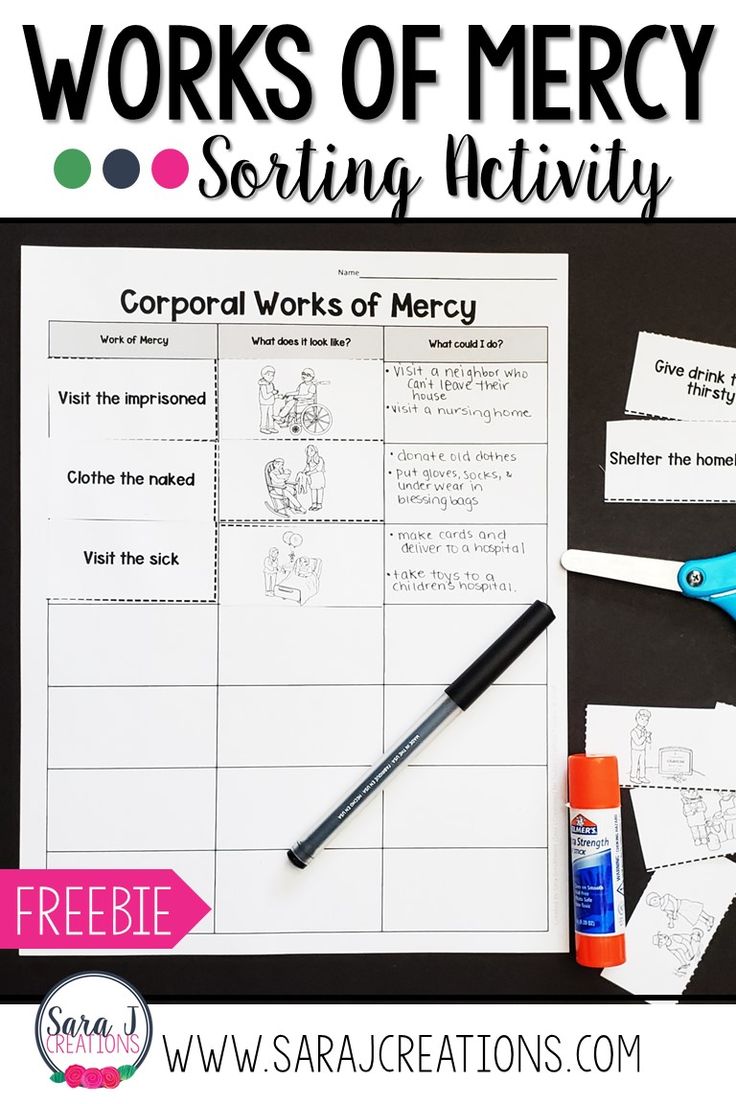 worksheet for the works of mercy sorting activity with scissors, glue and paper