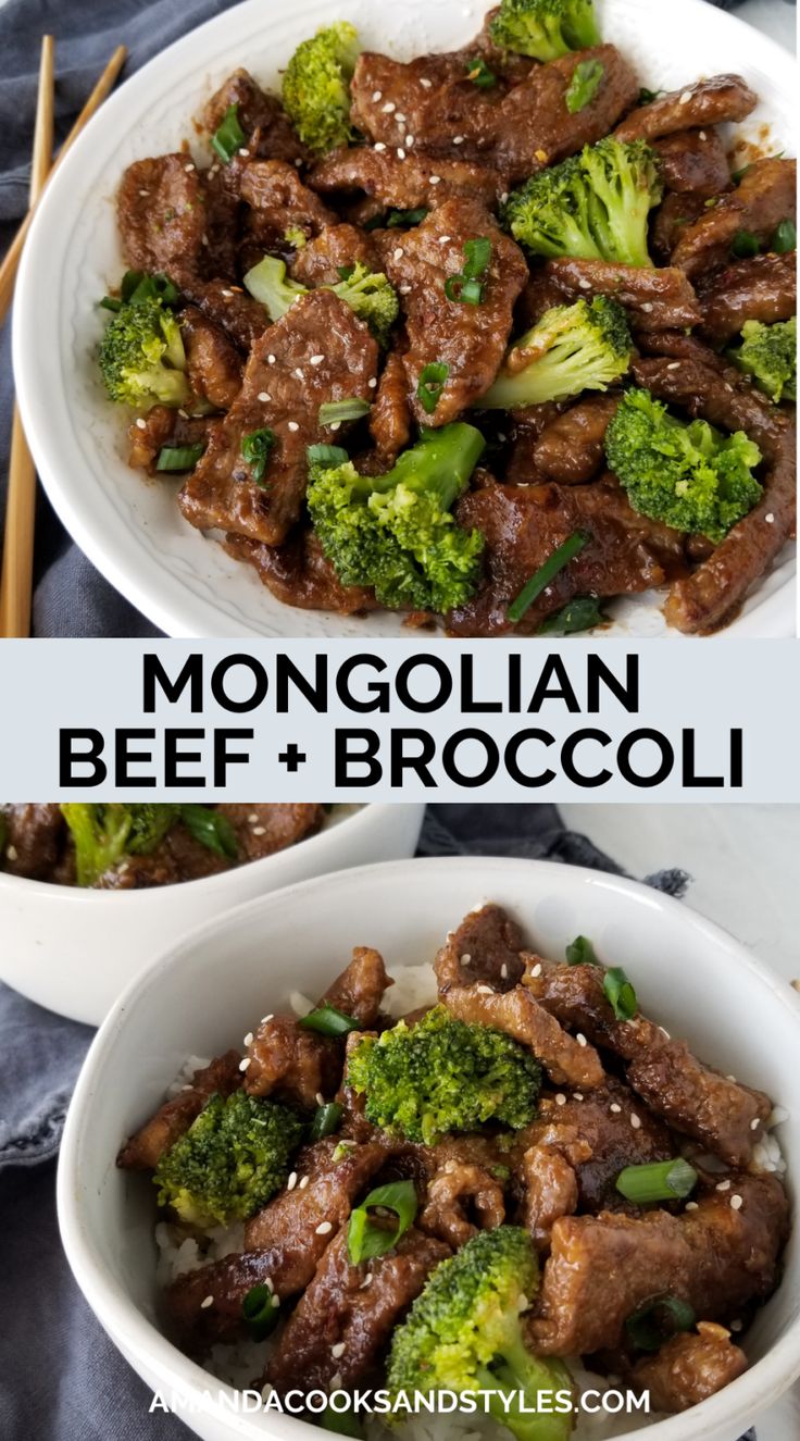 beef and broccoli in a white bowl with chopsticks on the side