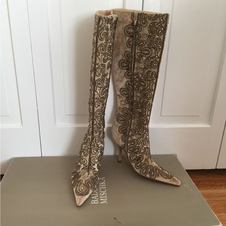 Bought When Loehmann’s (Rip) Had Their Epic Badgley Mischka Sale In Nyc Back In The Early 2000s. Never Worn & In Excellent Condition. 3.5 Inch Stiletto Heel. Velvet With Bullion Embroidery & Beading. Glamorous Embellished Fitted Boots, Glamorous Fitted Embellished Boots, Elegant Wedding Boots Embellished, Elegant Embellished Wedding Boots, Designer Embellished Evening Boots, Elegant Evening Boots With Sequins, Elegant Sequined Boots For Evening, Glamorous Embellished Wedding Boots, Elegant Fitted Wedding Boots