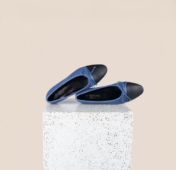 Como Ballet Flat in Denim/Black | A. Soliani Kick Flare Jeans, Kick Flares, Black Cap, Plastic Molds, Ballerina Flats, Rubber Heels, Ballet Flat, Dark Denim, Stacked Heel