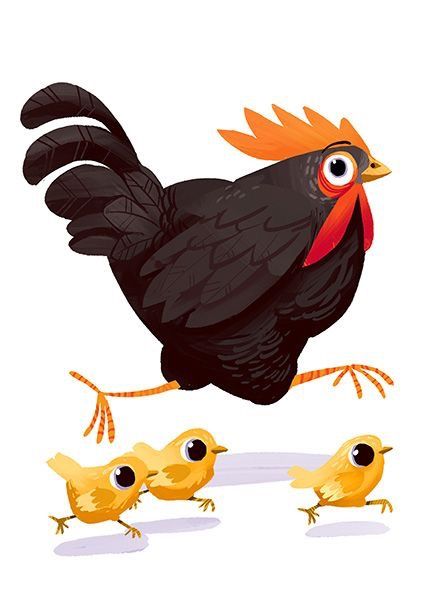 an illustration of a rooster and her chicks