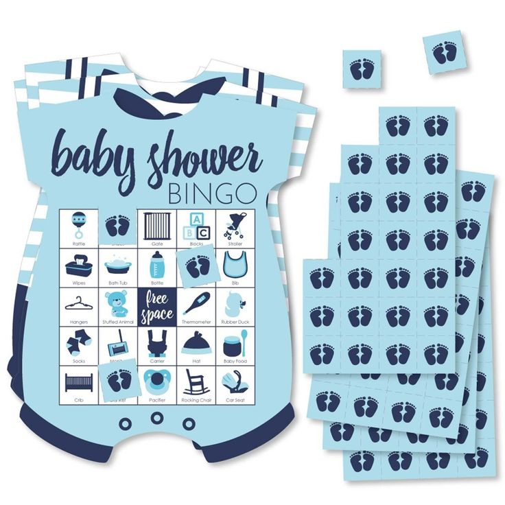 a baby shower game with blue and white designs on the front, surrounded by stickers