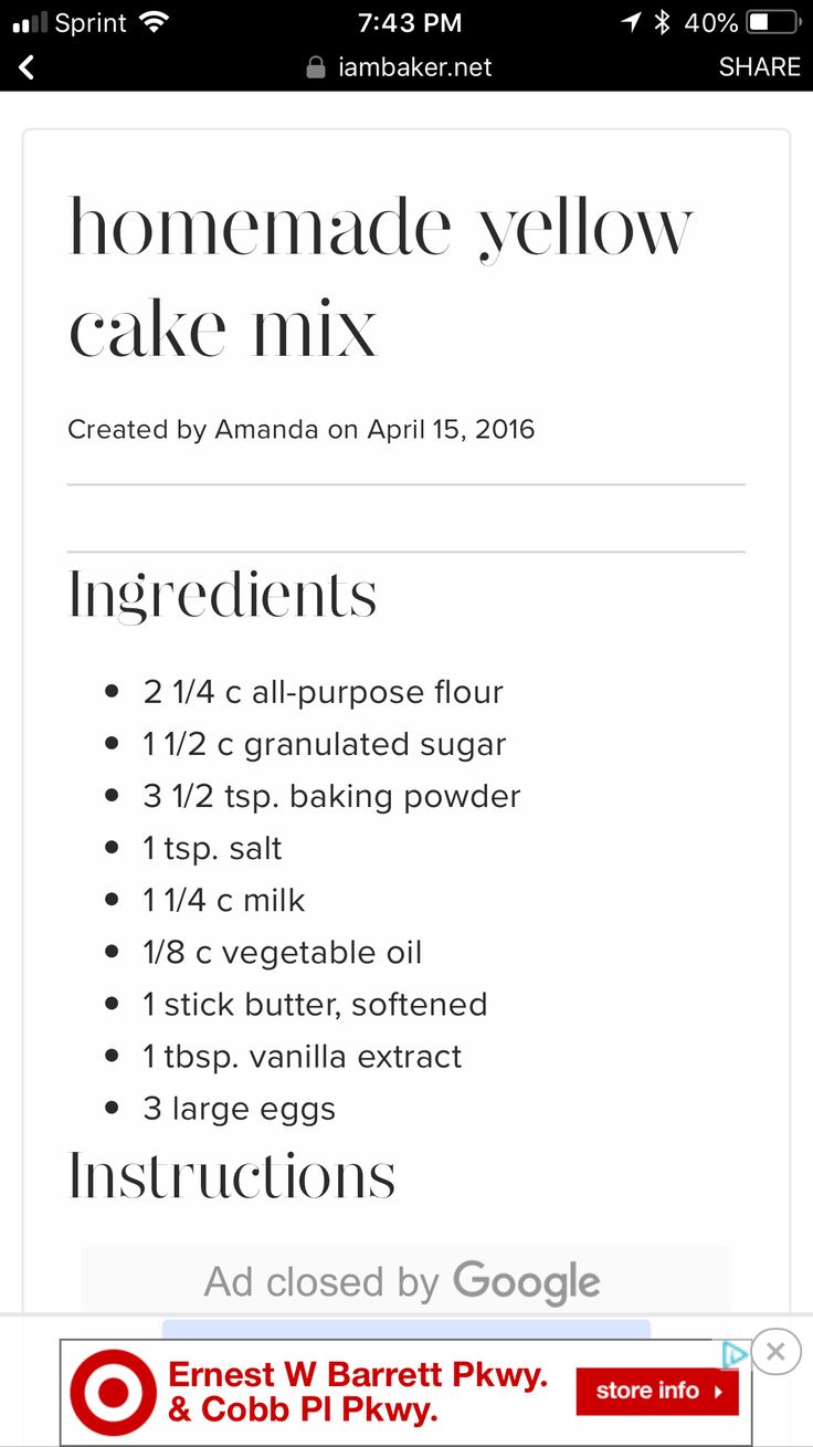 the ingredients list for homemade cake mix on an iphone screen, including instructions to make it