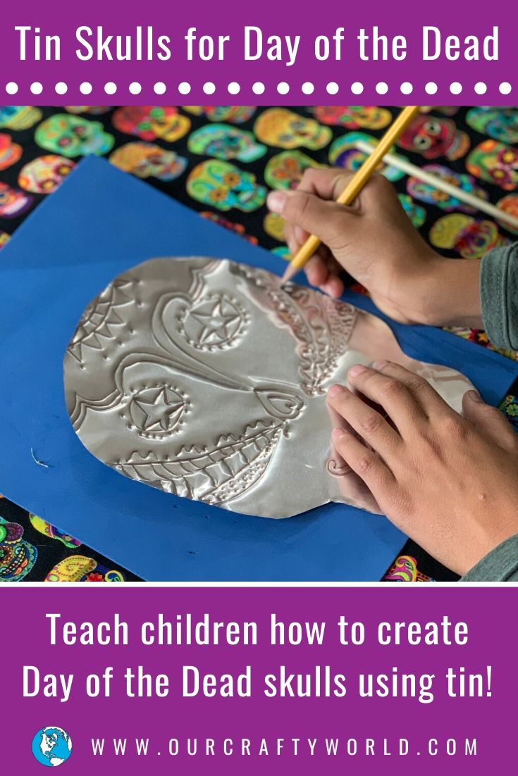 a child's hand holding a pencil and drawing on a paper with the words teach children how to create day of the dead skulls using tins