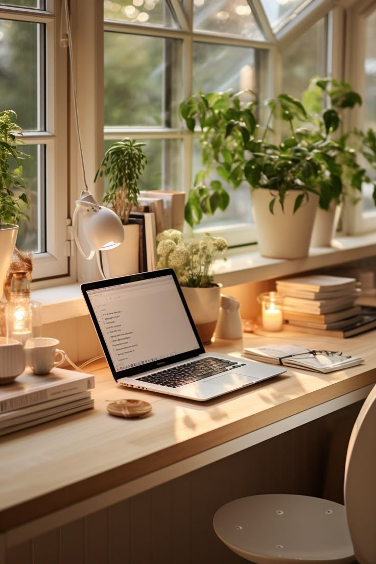 an open laptop computer sitting on top of a wooden desk next to potted plants