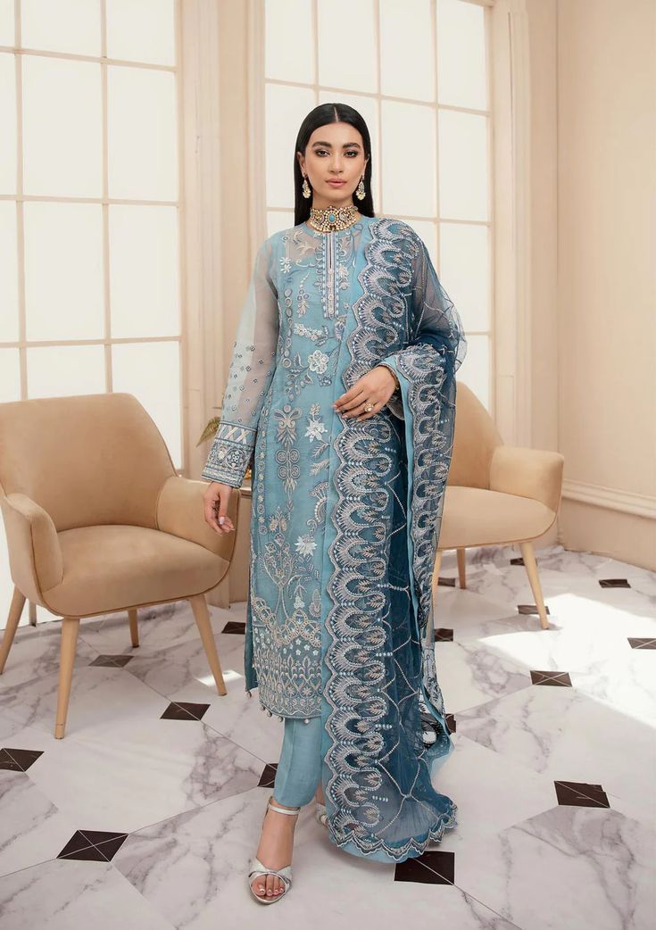 Sky Blue Embroidered Capri Style Pakistani Salwar Kameez Dupatta Popular Clothing Brands, Embroidery Motif, Capri Style, Pakistani Salwar, Organza Sleeves, Unique Outfit, Pakistani Salwar Kameez, Chiffon Collection, Organza Dupatta