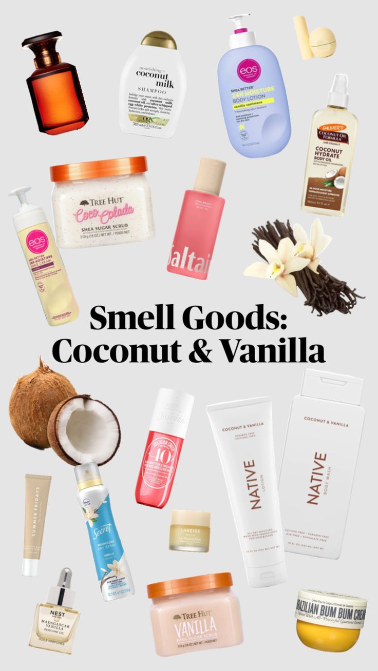 the words smell goods coconut and vanilla are in front of an image of various products