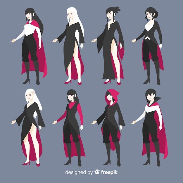 various poses of the same woman in black and red clothing, with long white hair