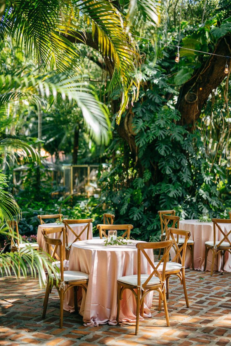 an outdoor dining area with tables and chairs, surrounded by greenery in the background