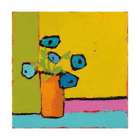 a painting of blue flowers in a orange vase on a yellow and pink tablecloth