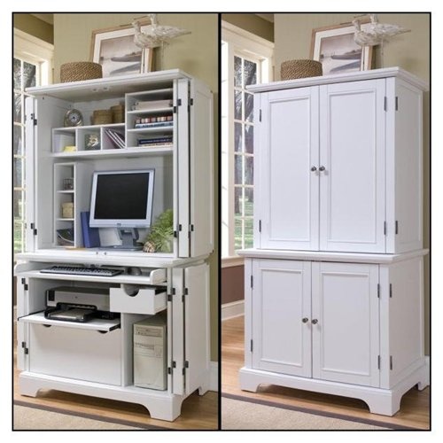 two pictures of a white computer desk and cabinet