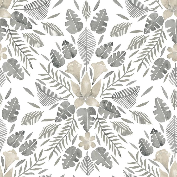 a white and gray floral wallpaper with leaves