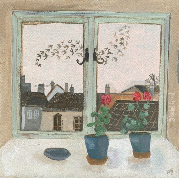 a painting of two potted plants on a window sill with the view out