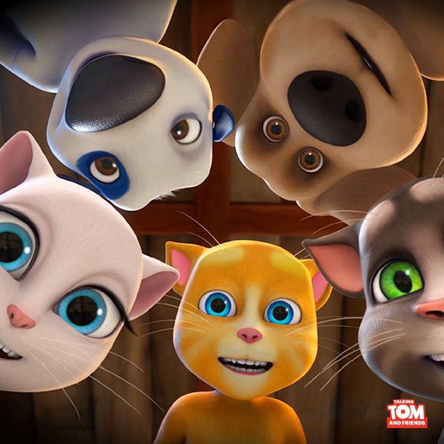 an animated cat with four different colored eyes