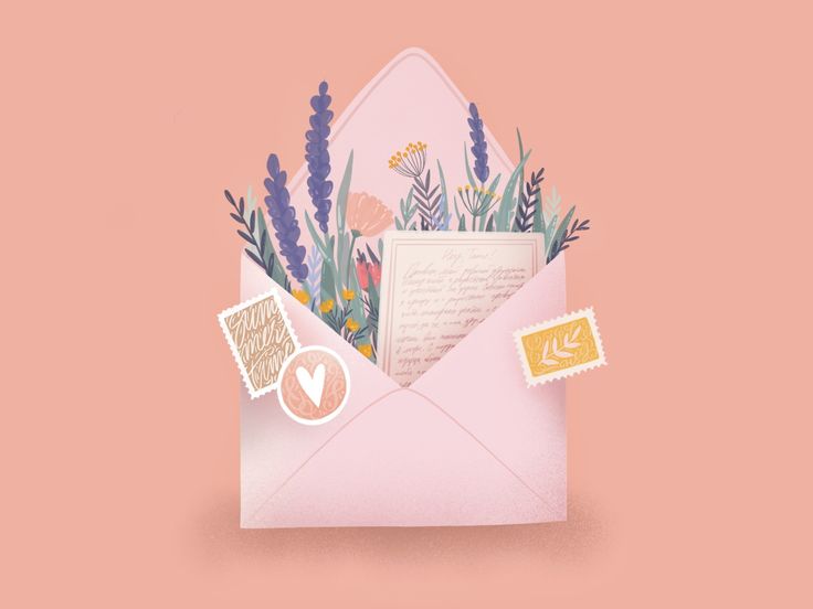 an open envelope with flowers and stamps on the inside, against a pale pink background